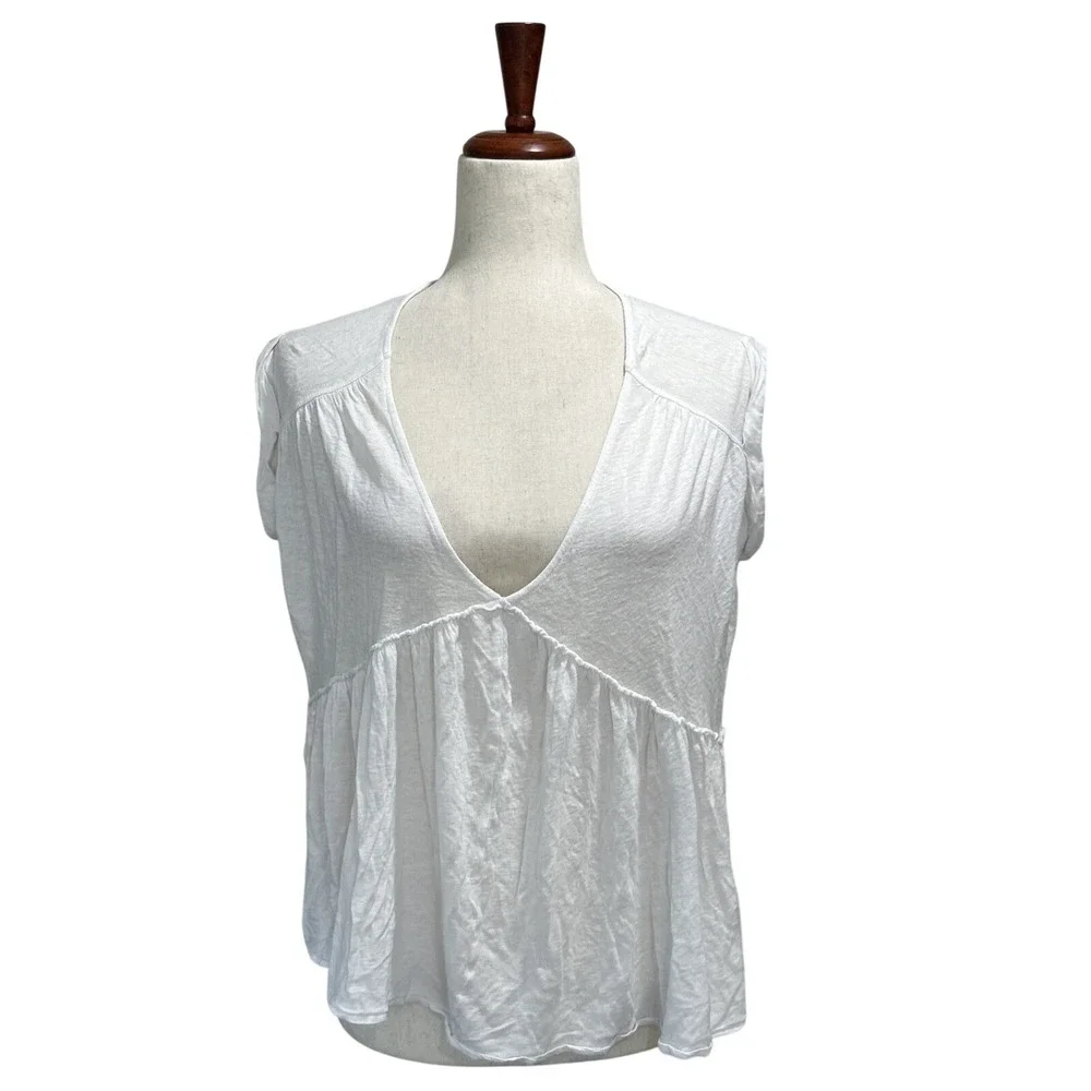 Free People Small White Top Babydoll V-Neck Festival Boho Peplum Oversized Shirt